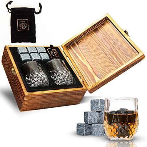 Whiskey Gifts for Fathers Day Men – 6 Whiskey Stones 2 Whiskey Shot Glasses 2.7 Ounce Wood Box and Velvet Pouch Cold Stones for Scotch, Whiskey, Bourbon, Tequila, Vodka, Rum, Wine - Gifts for guy friends made simple. Find unique gift Ideas for guys friend